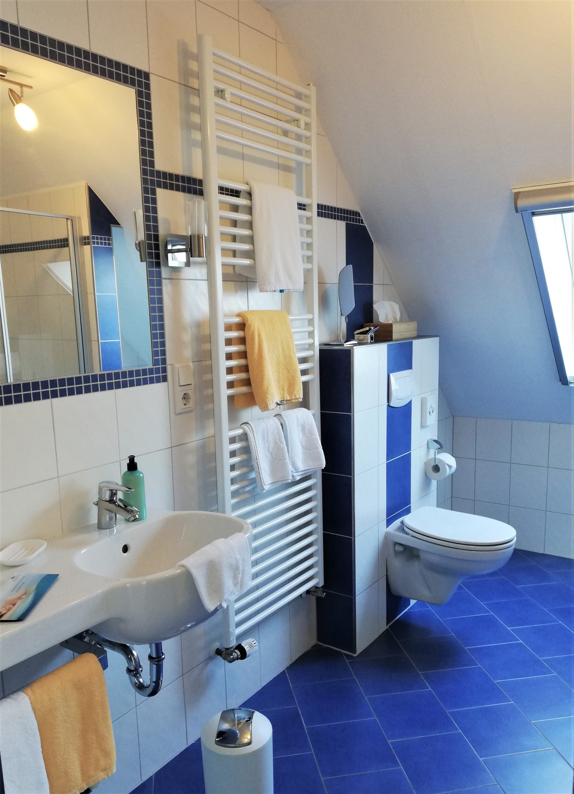 Ansicht des Badezimmer mit Waschbecken, Wandheizung und Toilette in der Inselsuite